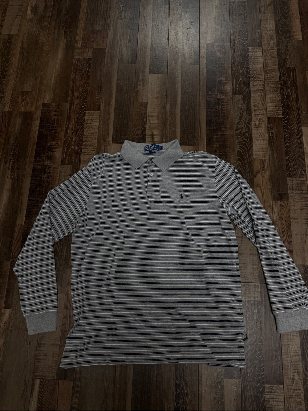 Vintage 90’s Ralph Lauren Gray and Navy Striped Long-Sleeve Polo